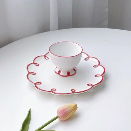 2-Piece Kawaii Red Lace Ceramic Dinnerware Plate Set