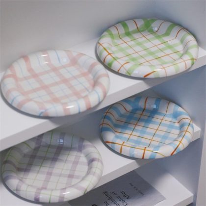 4PCS New Korean Plaid Breakfast Plates Set